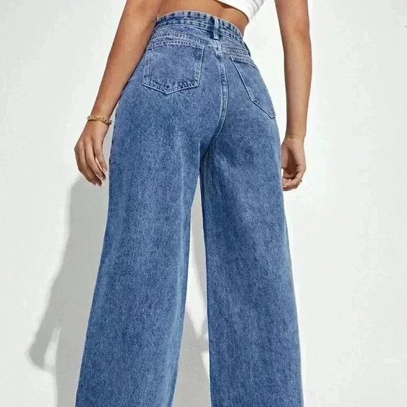 Dark Wash Casual Women's High Waist Wide Leg Jeans - Picture 3 of 6